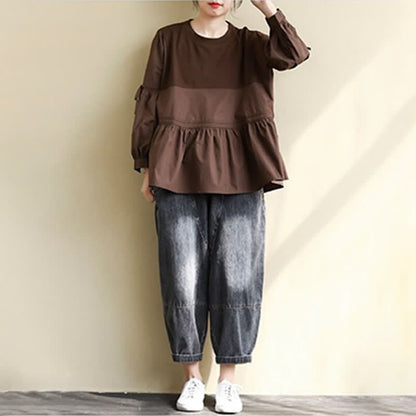 Buddha Stones Spring Fall Casual Vintage Crew Neck Peplum Hem Drawstring Solid Women's Long Sleeve T-Shirt