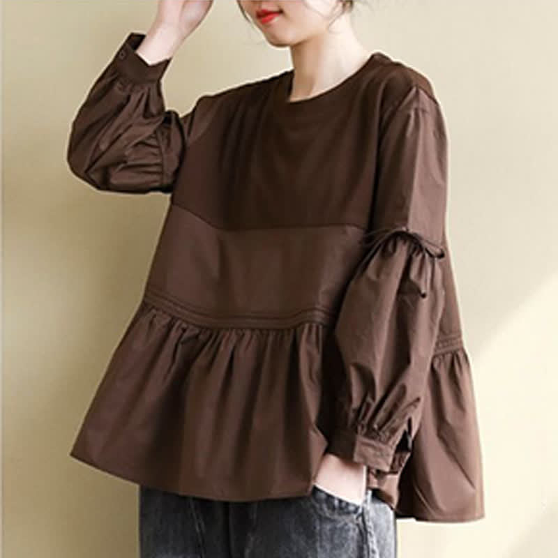 Buddha Stones Spring Fall Casual Vintage Crew Neck Peplum Hem Drawstring Solid Women's Long Sleeve T-Shirt