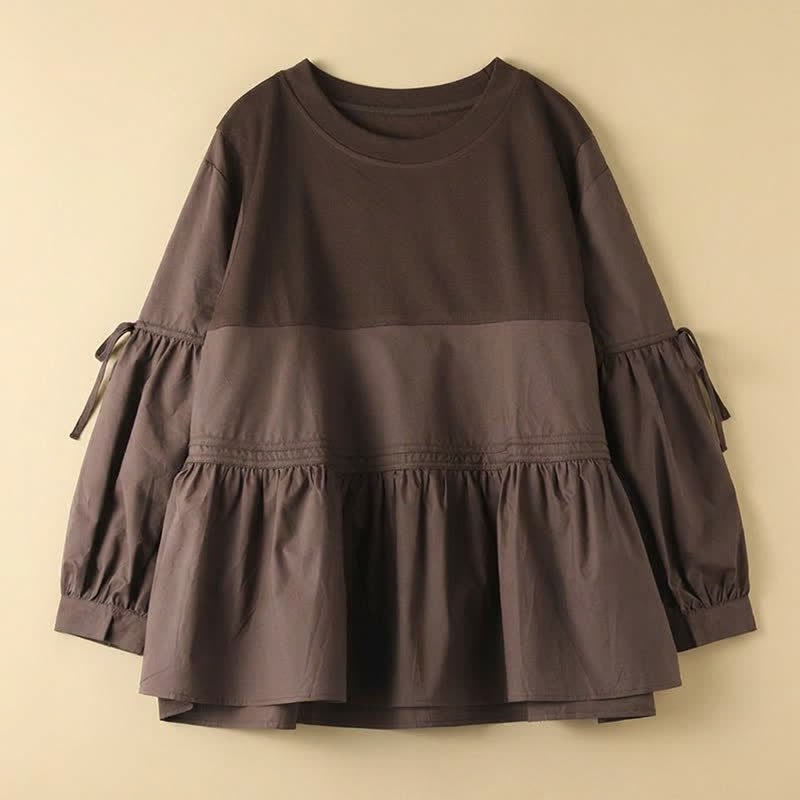 Buddha Stones Spring Fall Casual Vintage Crew Neck Peplum Hem Drawstring Solid Women's Long Sleeve T-Shirt