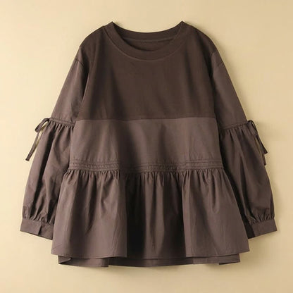 Buddha Stones Spring Fall Casual Vintage Crew Neck Peplum Hem Drawstring Solid Women's Long Sleeve T-Shirt