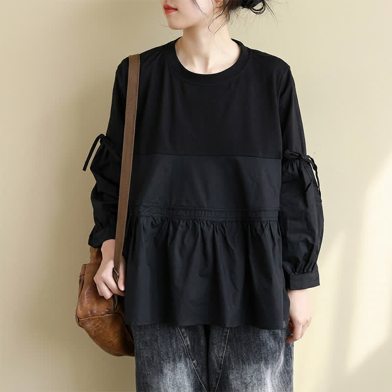 Buddha Stones Spring Fall Casual Vintage Crew Neck Peplum Hem Drawstring Solid Women's Long Sleeve T-Shirt