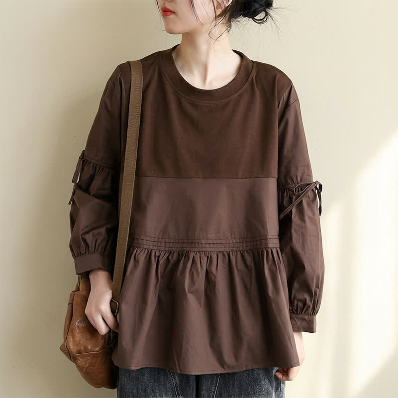 Buddha Stones Spring Fall Casual Vintage Crew Neck Peplum Hem Drawstring Solid Women's Long Sleeve T-Shirt