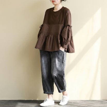 Buddha Stones Spring Fall Casual Vintage Crew Neck Peplum Hem Drawstring Solid Women's Long Sleeve T-Shirt