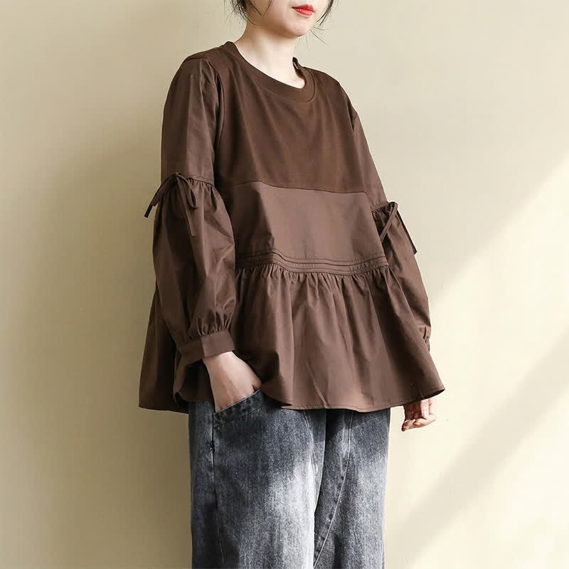 Buddha Stones Spring Fall Casual Vintage Crew Neck Peplum Hem Drawstring Solid Women's Long Sleeve T-Shirt