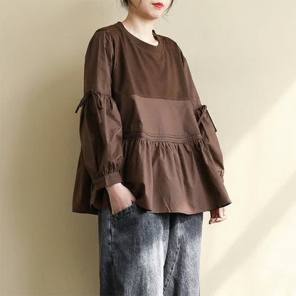 Buddha Stones Spring Fall Casual Vintage Crew Neck Peplum Hem Drawstring Solid Women's Long Sleeve T-Shirt