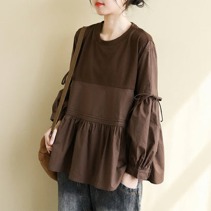 Buddha Stones Spring Fall Casual Vintage Crew Neck Peplum Hem Drawstring Solid Women's Long Sleeve T-Shirt