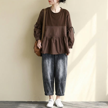 Buddha Stones Spring Fall Casual Vintage Crew Neck Peplum Hem Drawstring Solid Women's Long Sleeve T-Shirt