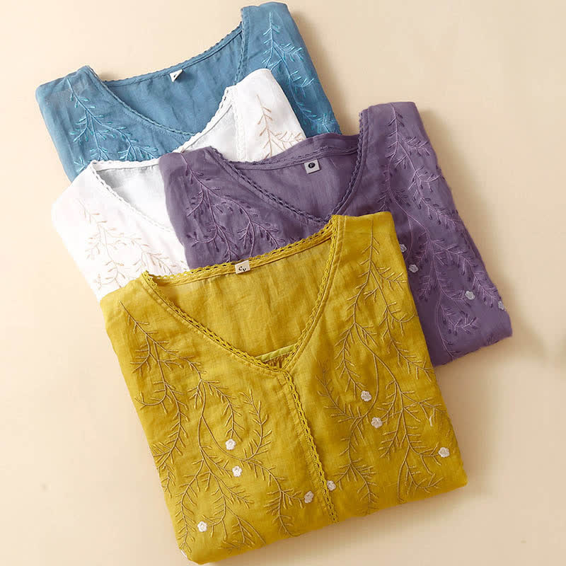 Buddha Stones Summer Casual Flower Branches Embroidered Pattern V-Neck Half Sleeve Women's T-shirt
