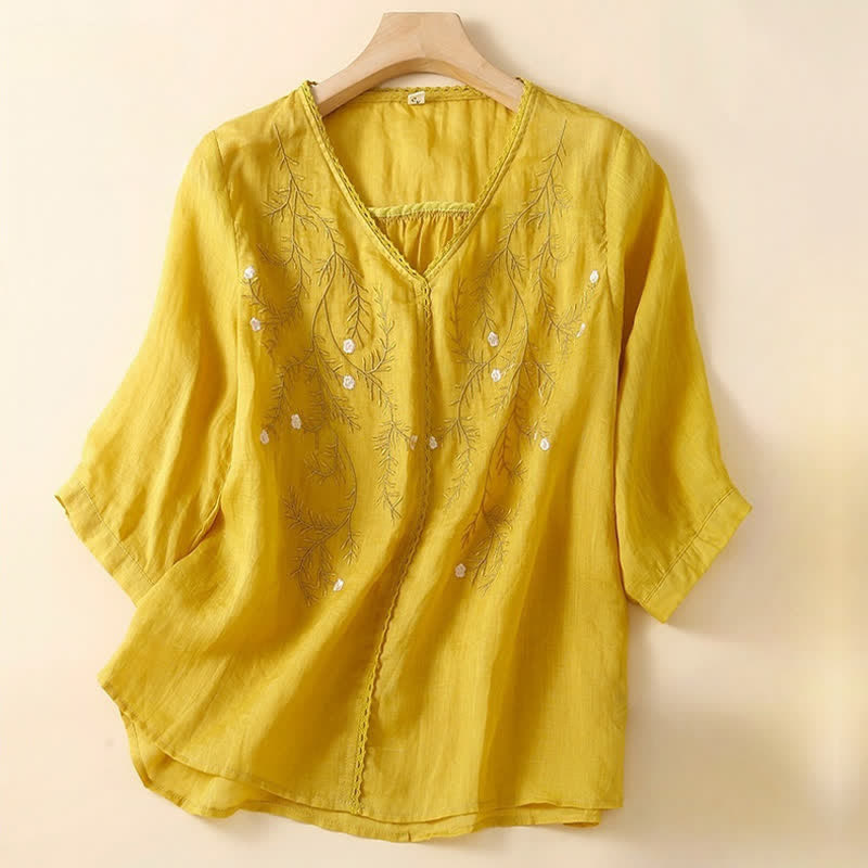 Buddha Stones Summer Casual Flower Branches Embroidered Pattern V-Neck Half Sleeve Women's T-shirt