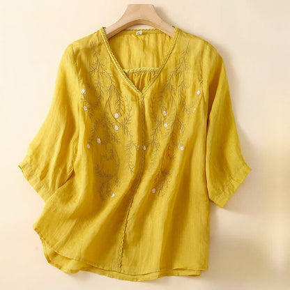 Buddha Stones Summer Casual Flower Branches Embroidered Pattern V-Neck Half Sleeve Women's T-shirt