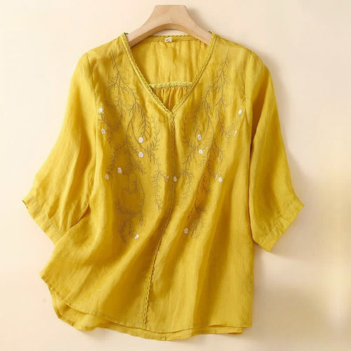 Buddha Stones Summer Casual Flower Branches Embroidered Pattern V-Neck Half Sleeve Women's T-shirt