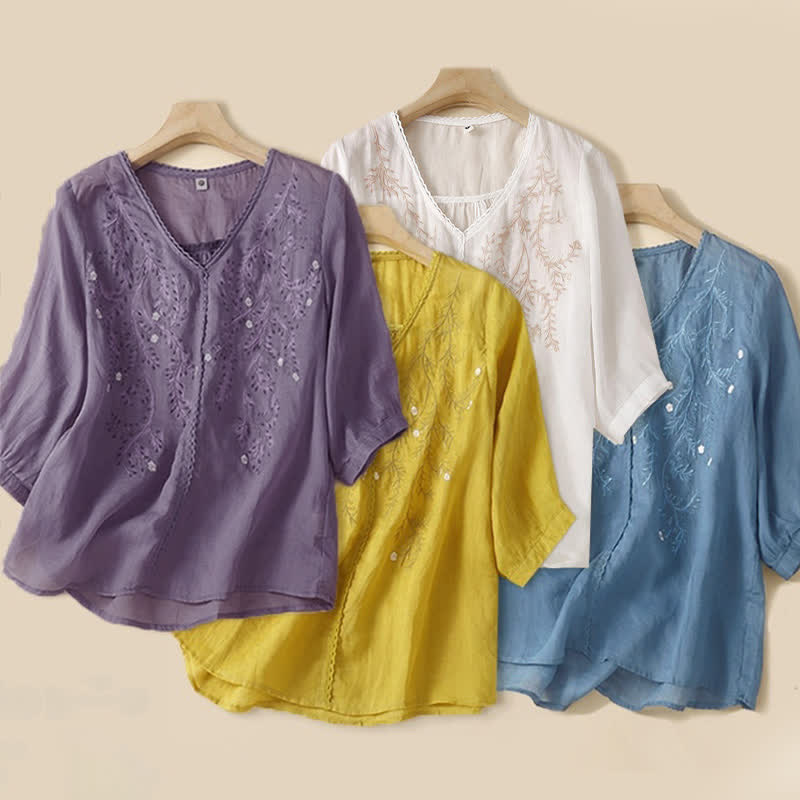 Buddha Stones Summer Casual Flower Branches Embroidered Pattern V-Neck Half Sleeve Women's T-shirt