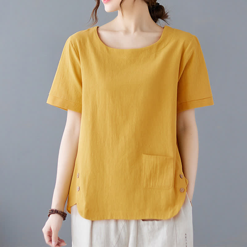 Buddha Stones Side Slit Design Women's Cotton Polyester Crew Neck Short Sleeve T-Shirt Wtih Pocket