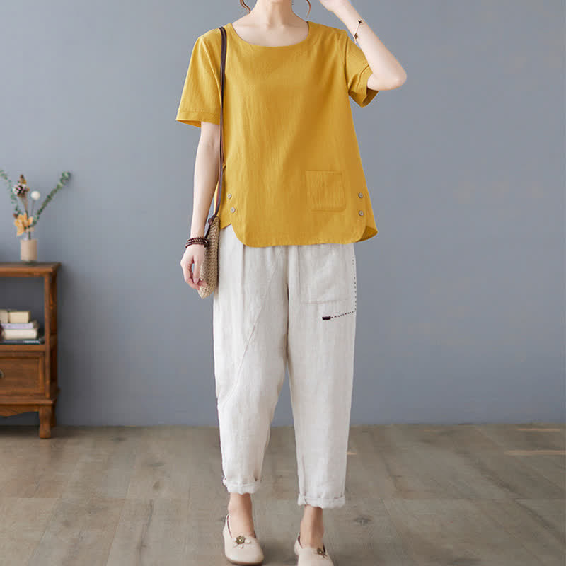 Buddha Stones Side Slit Design Women's Cotton Polyester Crew Neck Short Sleeve T-Shirt Wtih Pocket