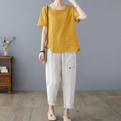 Buddha Stones Side Slit Design Women's Cotton Polyester Crew Neck Short Sleeve T-Shirt Wtih Pocket