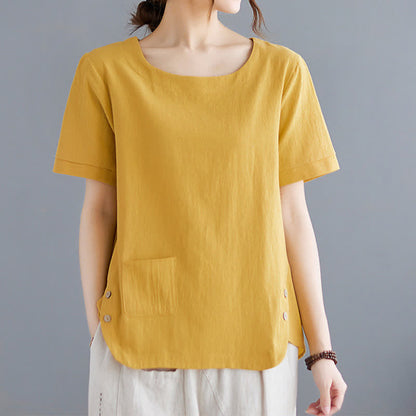 Buddha Stones Side Slit Design Women's Cotton Polyester Crew Neck Short Sleeve T-Shirt Wtih Pocket