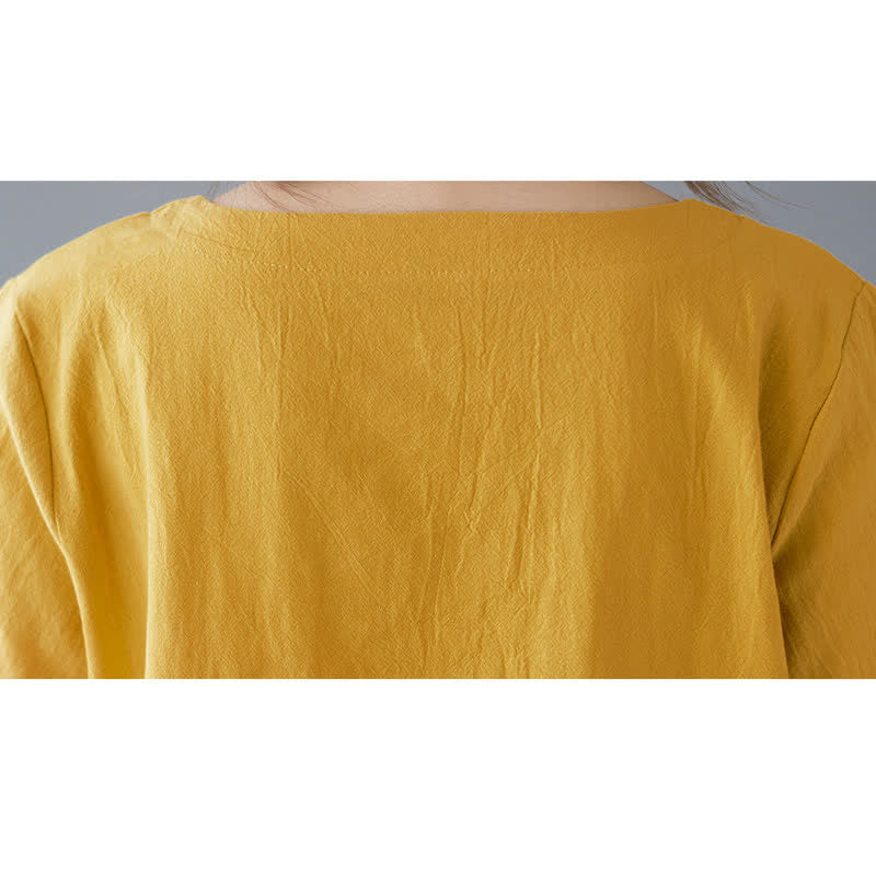 Buddha Stones Side Slit Design Women's Cotton Polyester Crew Neck Short Sleeve T-Shirt Wtih Pocket
