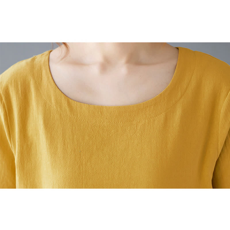 Buddha Stones Side Slit Design Women's Cotton Polyester Crew Neck Short Sleeve T-Shirt Wtih Pocket