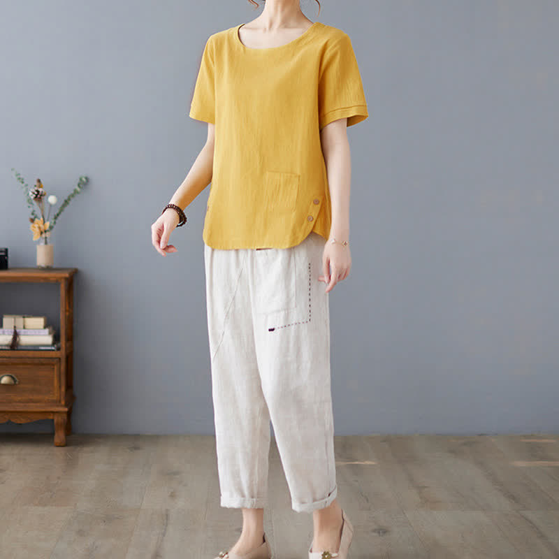 Buddha Stones Side Slit Design Women's Cotton Polyester Crew Neck Short Sleeve T-Shirt Wtih Pocket