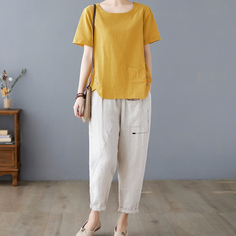 Buddha Stones Side Slit Design Women's Cotton Polyester Crew Neck Short Sleeve T-Shirt Wtih Pocket