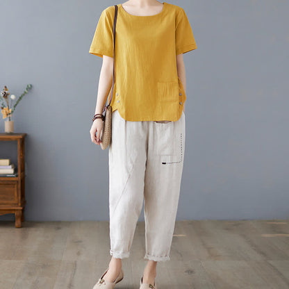 Buddha Stones Side Slit Design Women's Cotton Polyester Crew Neck Short Sleeve T-Shirt Wtih Pocket