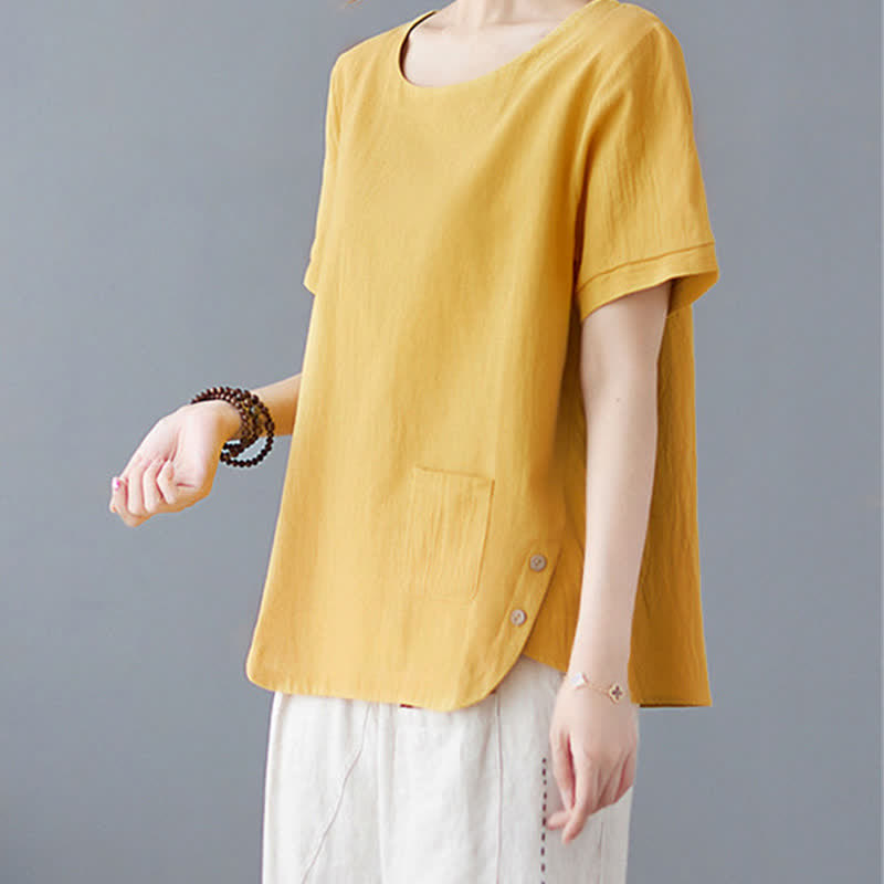 Buddha Stones Side Slit Design Women's Cotton Polyester Crew Neck Short Sleeve T-Shirt Wtih Pocket