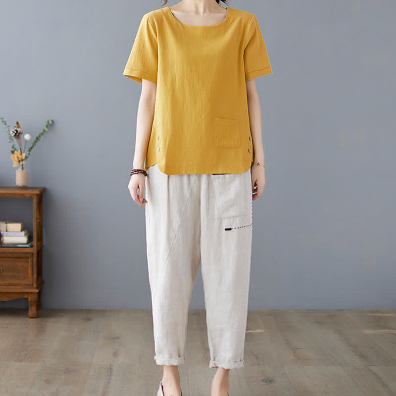 Buddha Stones Side Slit Design Women's Cotton Polyester Crew Neck Short Sleeve T-Shirt Wtih Pocket