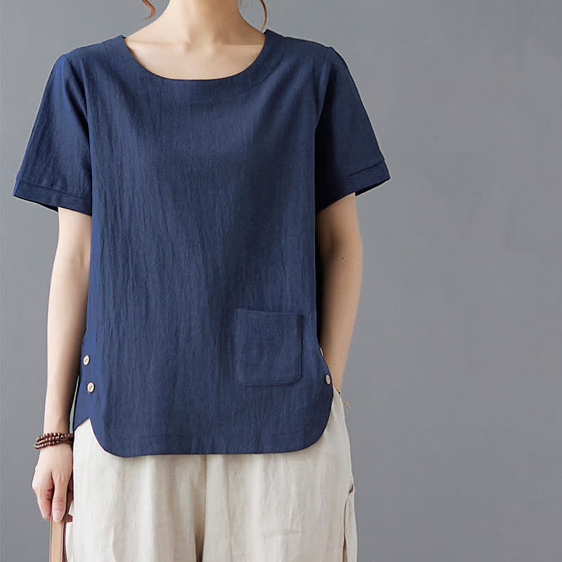 Buddha Stones Side Slit Design Women's Cotton Polyester Crew Neck Short Sleeve T-Shirt Wtih Pocket