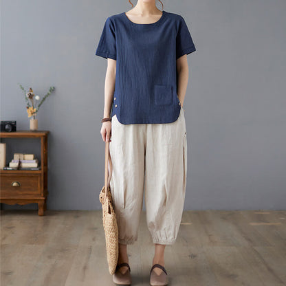Buddha Stones Side Slit Design Women's Cotton Polyester Crew Neck Short Sleeve T-Shirt Wtih Pocket