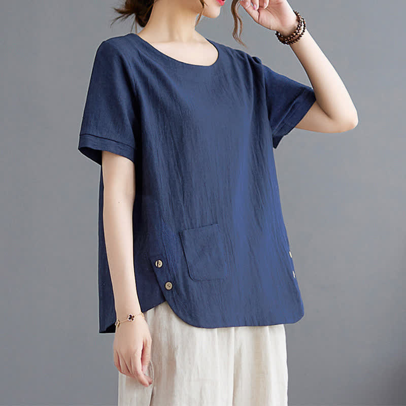 Buddha Stones Side Slit Design Women's Cotton Polyester Crew Neck Short Sleeve T-Shirt Wtih Pocket