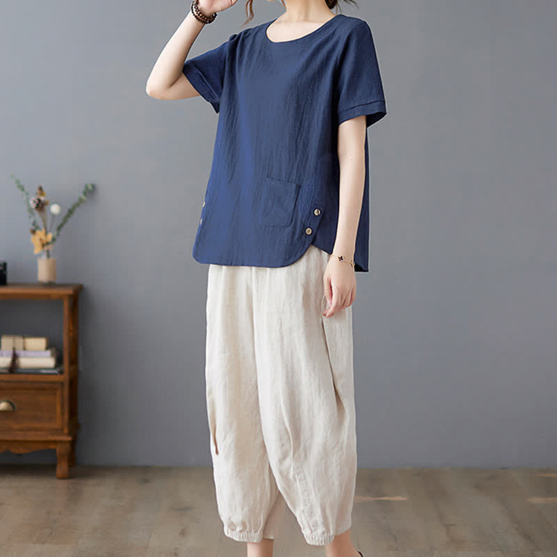 Buddha Stones Side Slit Design Women's Cotton Polyester Crew Neck Short Sleeve T-Shirt Wtih Pocket