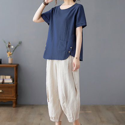 Buddha Stones Side Slit Design Women's Cotton Polyester Crew Neck Short Sleeve T-Shirt Wtih Pocket