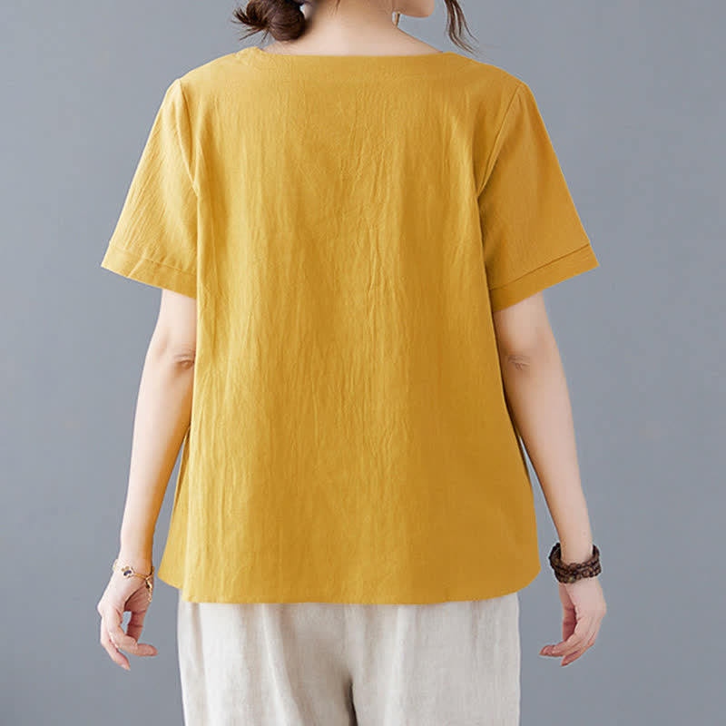 Buddha Stones Side Slit Design Women's Cotton Polyester Crew Neck Short Sleeve T-Shirt Wtih Pocket