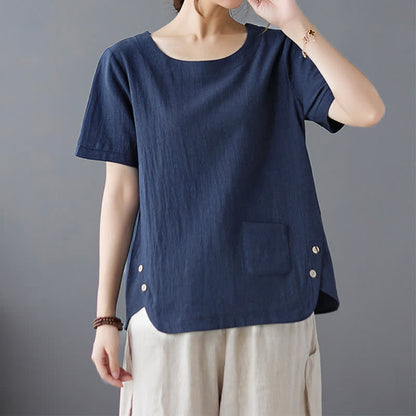 Buddha Stones Side Slit Design Women's Cotton Polyester Crew Neck Short Sleeve T-Shirt Wtih Pocket