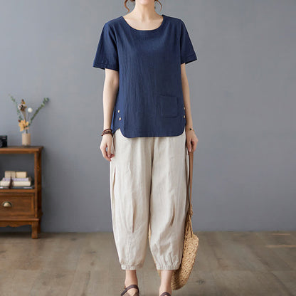Buddha Stones Side Slit Design Women's Cotton Polyester Crew Neck Short Sleeve T-Shirt Wtih Pocket