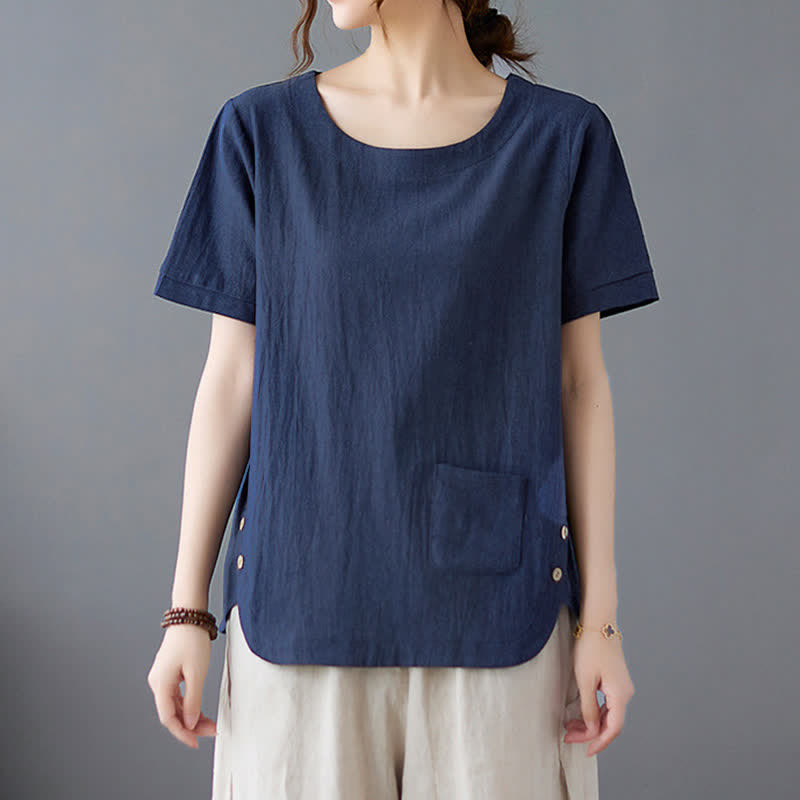 Buddha Stones Side Slit Design Women's Cotton Polyester Crew Neck Short Sleeve T-Shirt Wtih Pocket