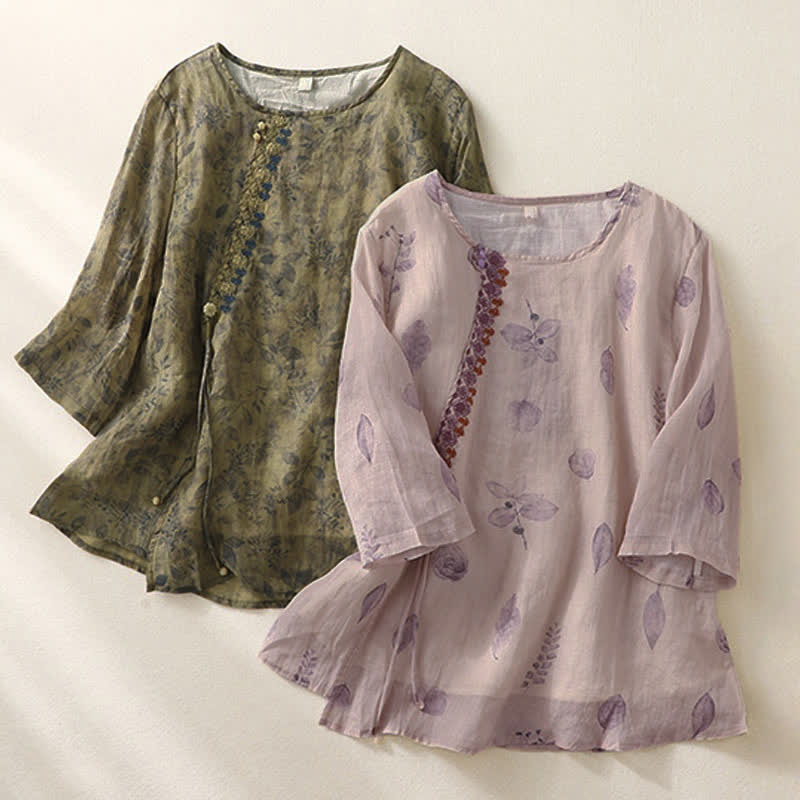 Buddha Stones Embroidery Design Leaves Women's Three Quarter Sleeve Shirt