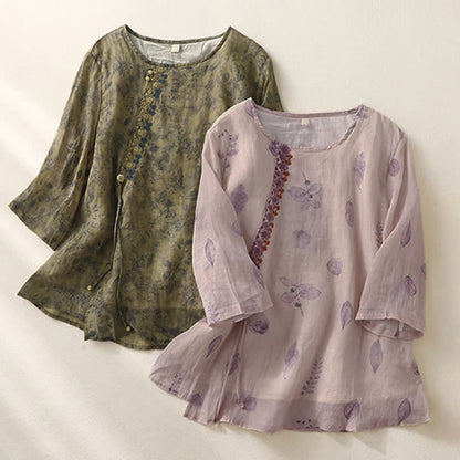 Buddha Stones Embroidery Design Leaves Women's Three Quarter Sleeve Shirt