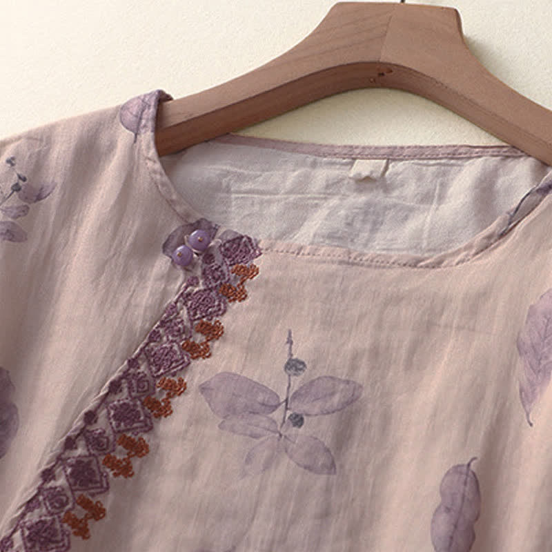 Buddha Stones Embroidery Design Leaves Women's Three Quarter Sleeve Shirt