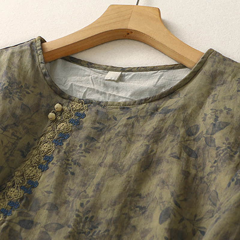 Buddha Stones Embroidery Design Leaves Women's Three Quarter Sleeve Shirt