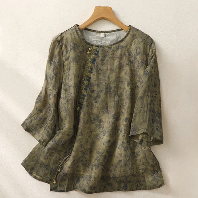 Buddha Stones Embroidery Design Leaves Women's Three Quarter Sleeve Shirt