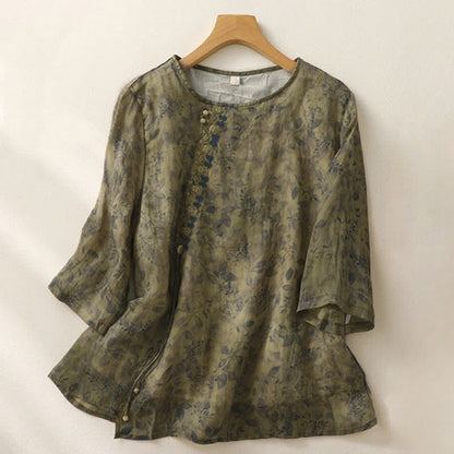 Buddha Stones Embroidery Design Leaves Women's Three Quarter Sleeve Shirt