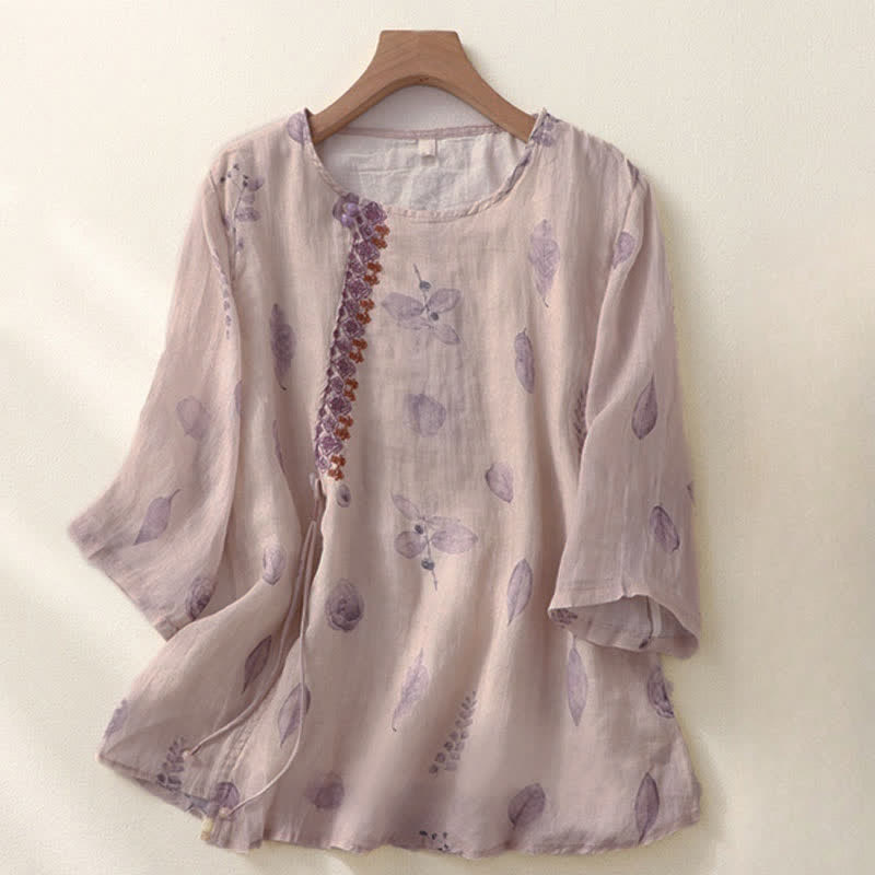 Buddha Stones Embroidery Design Leaves Women's Three Quarter Sleeve Shirt