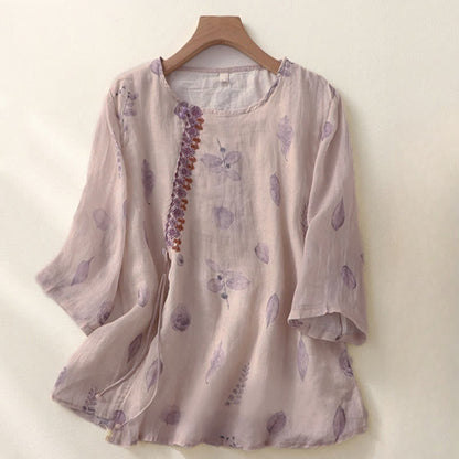 Buddha Stones Embroidery Design Leaves Women's Three Quarter Sleeve Shirt