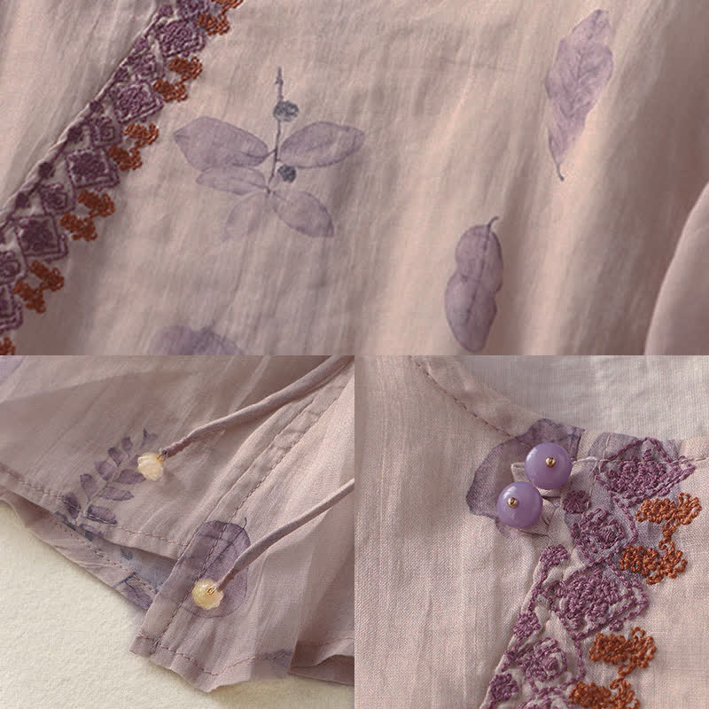 Buddha Stones Embroidery Design Leaves Women's Three Quarter Sleeve Shirt