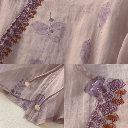 Buddha Stones Embroidery Design Leaves Women's Three Quarter Sleeve Shirt