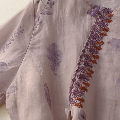 Buddha Stones Embroidery Design Leaves Women's Three Quarter Sleeve Shirt