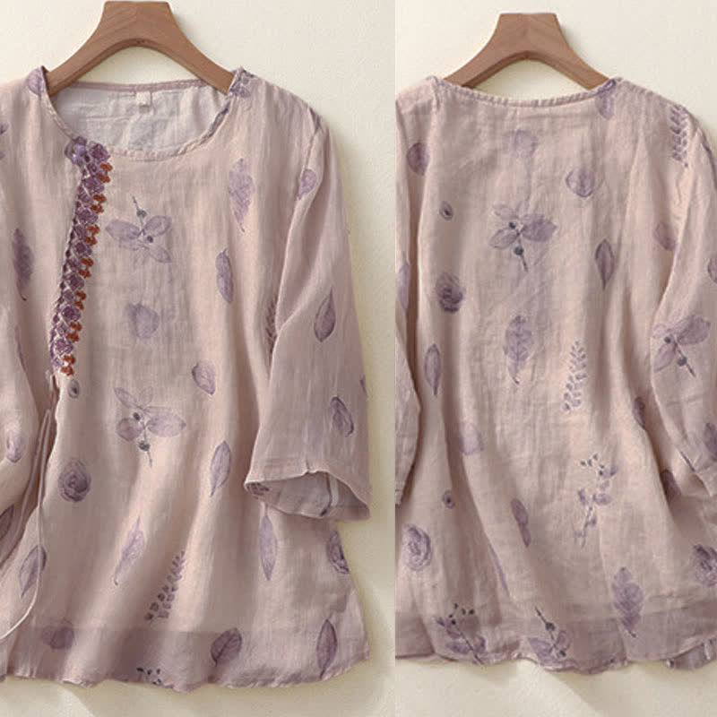 Buddha Stones Embroidery Design Leaves Women's Three Quarter Sleeve Shirt