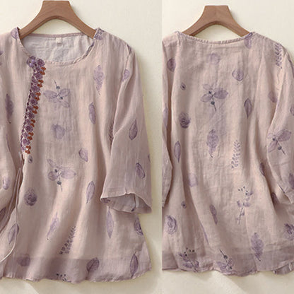 Buddha Stones Embroidery Design Leaves Women's Three Quarter Sleeve Shirt