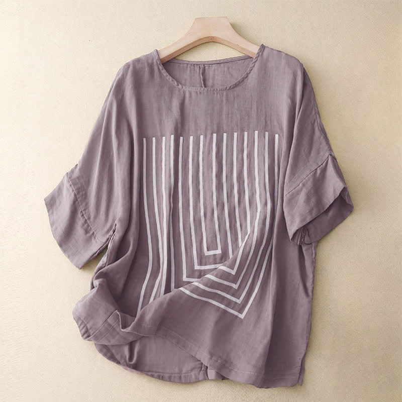 Buddha Stones Casual Line Printing Pattern Short Sleeve Cotton Linen Women's T-Shirt